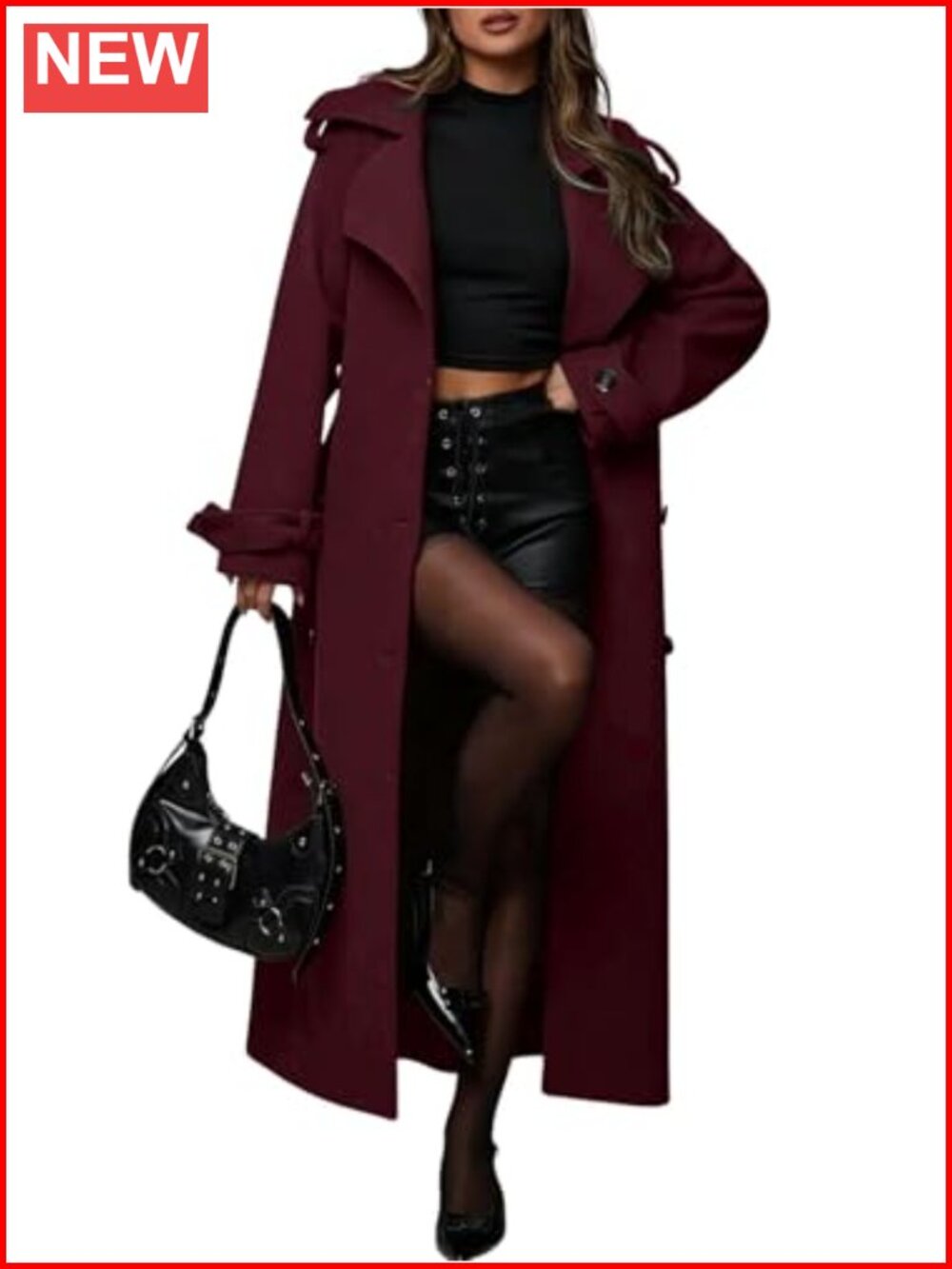 Women's Double Breasted Midi Wool Blend Coat with Belt